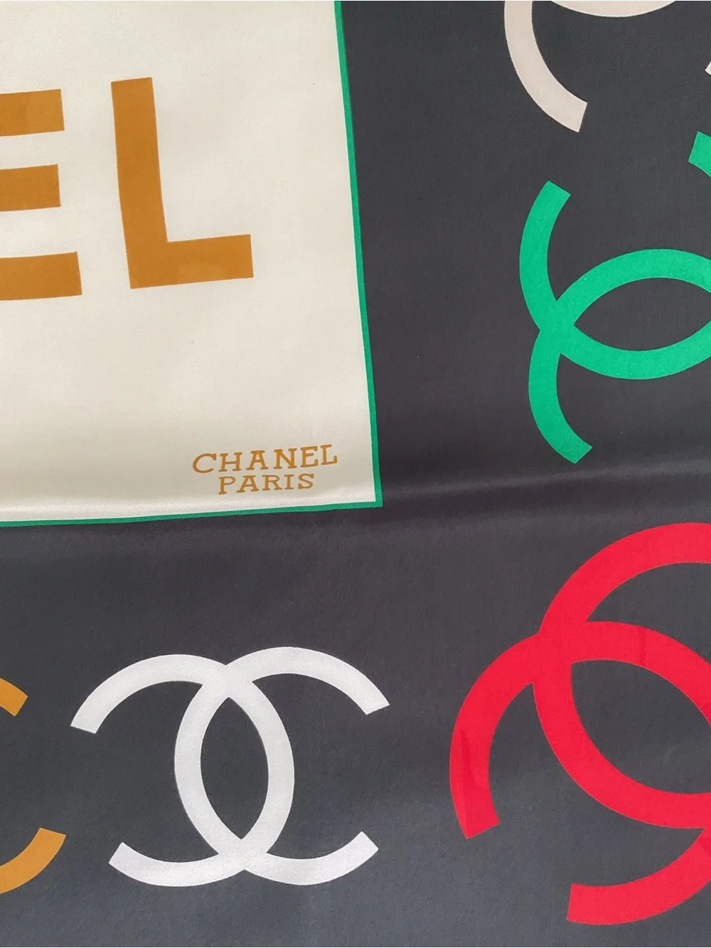 CHANEL Black Cream Multicolor Logo CC Silk Scarf
